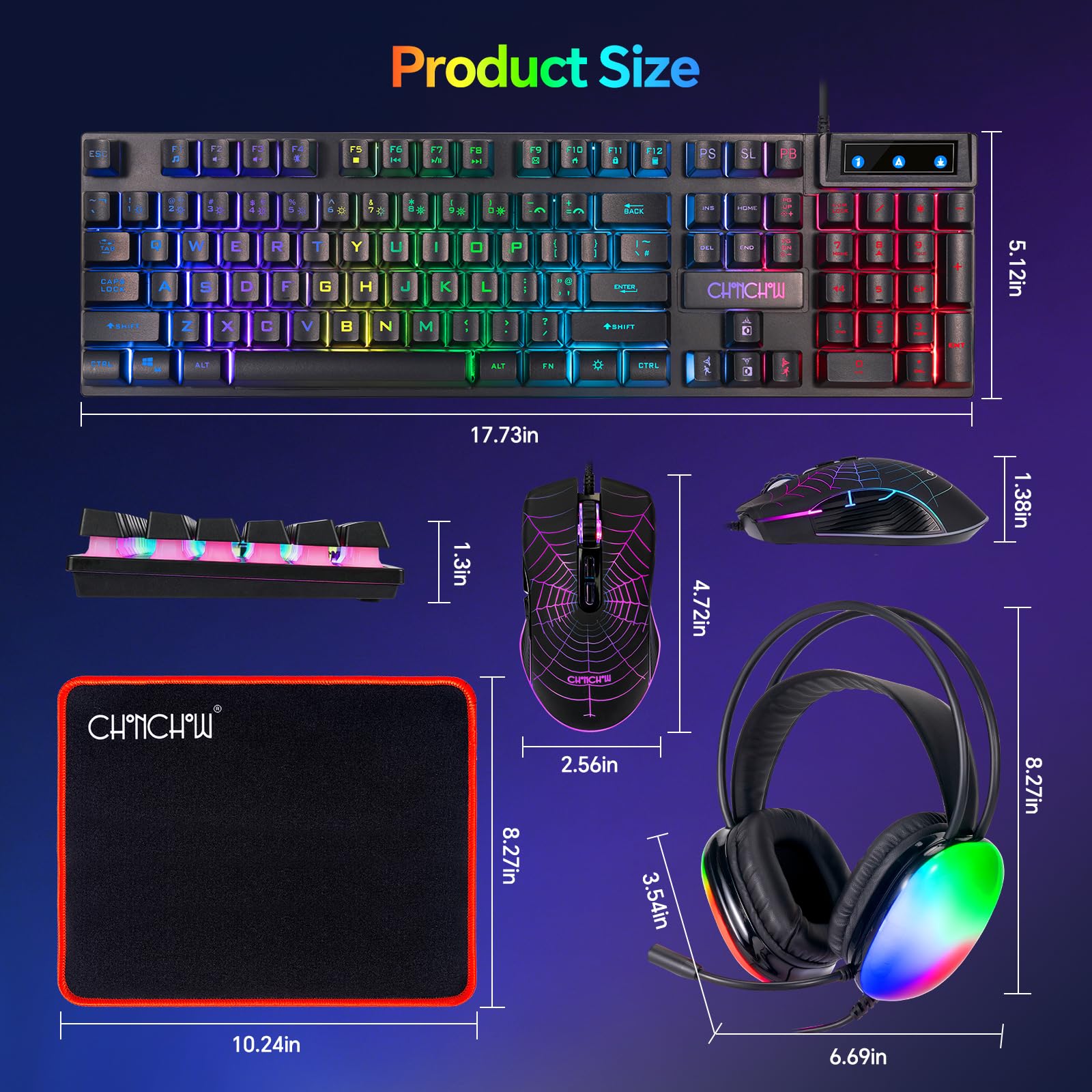 Juego de teclado, mouse y auriculares con micrófono, todo en uno, USB, con cable RGB, retroiluminado, arco iris, botón lateral, compatible con PC, Windows, Xbox One, PS4, PS5 (negro)