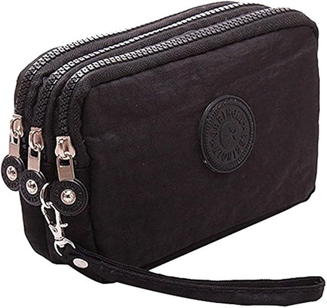 Btoon 3 Layer Zipper Nylon Wallets for Women Wristlet Bag Purse Waterproof Cell Phone Pouch Handbag (Black)
