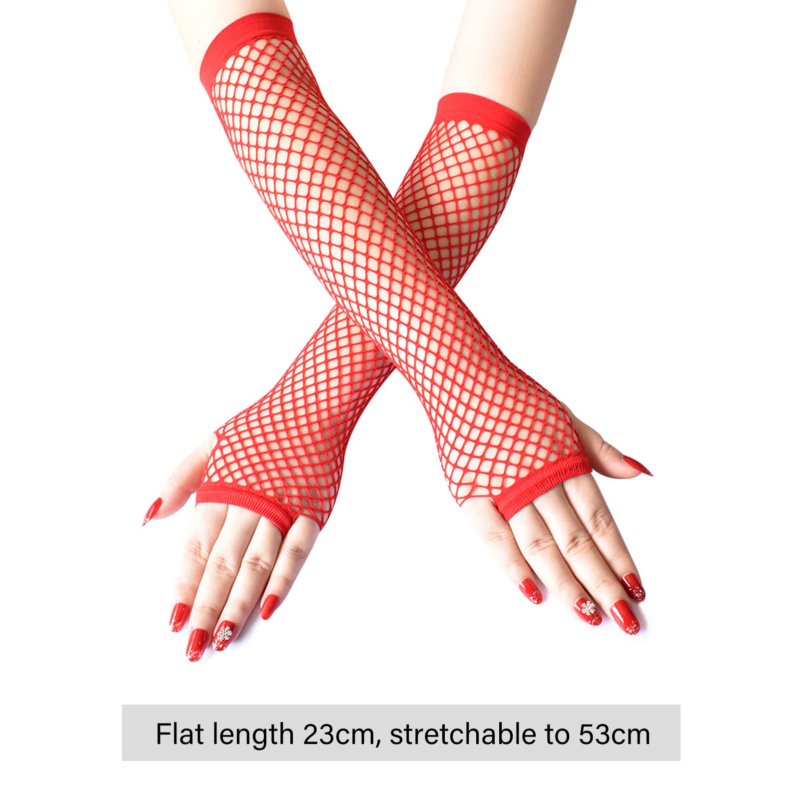 COSFAN 2 works Fingerless Fishnet Gloves 80s Gloves for Women Stretchable Mesh Gloves Nylon Hollow Glove for Dance Halloween Party (Red) - Image 4