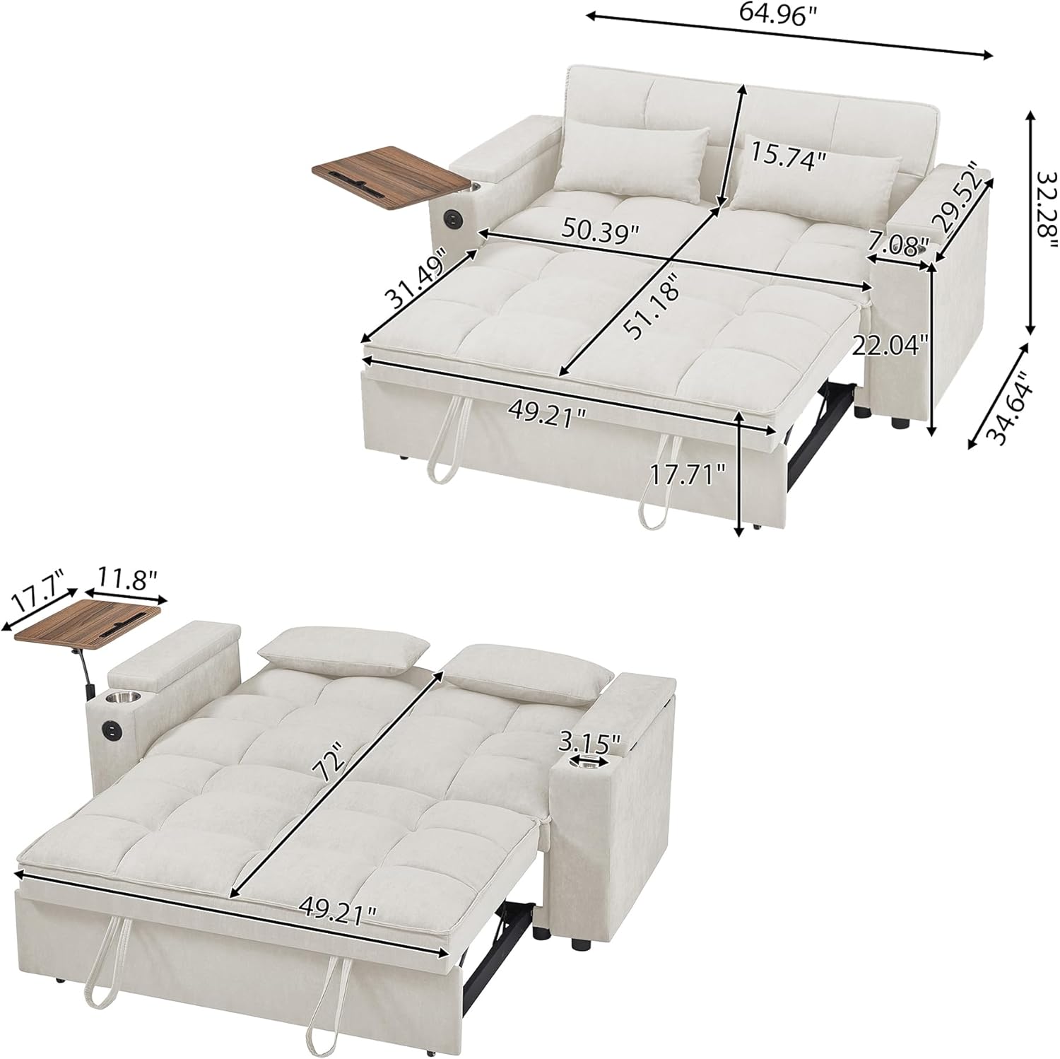 65 Inch Oversized Convertible Pull Out Couch Bed , 3 in 1 Futon Loveseat Sofa Recliner Lounge Chaise Daybed w/ Reclining Backrest ,Storage Armrest ,USB Port,Side Table and Cupholders for Living Room 71dC6A SFYL. AC SL1500