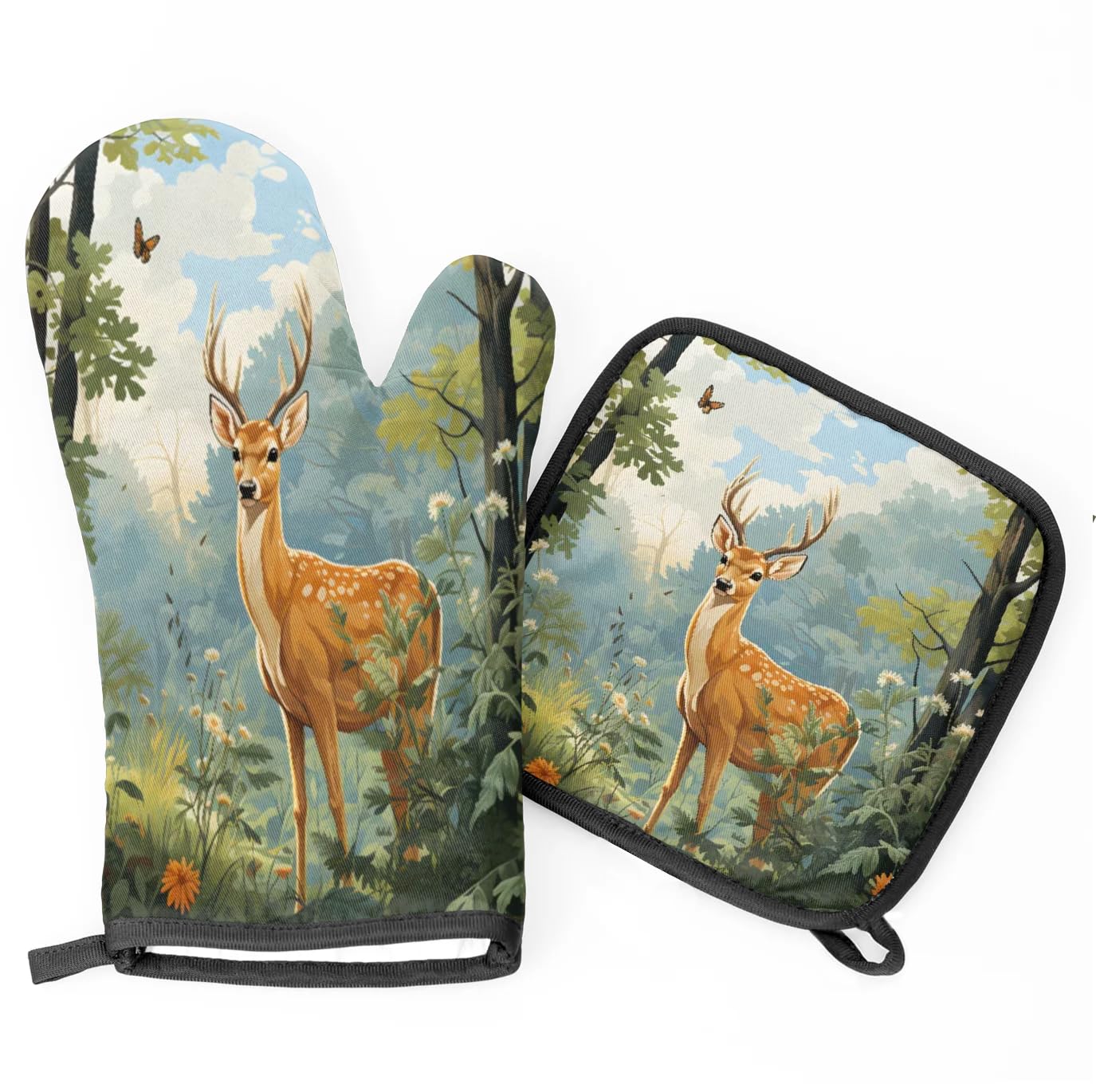 Deer Flowers Oven Mitts Kitchen Oven Gloves for Cooking Baking Heat Proof Lining Cotton Kitchen Potholder Mittens Pot Holders Hot Pads for Chef Women Men