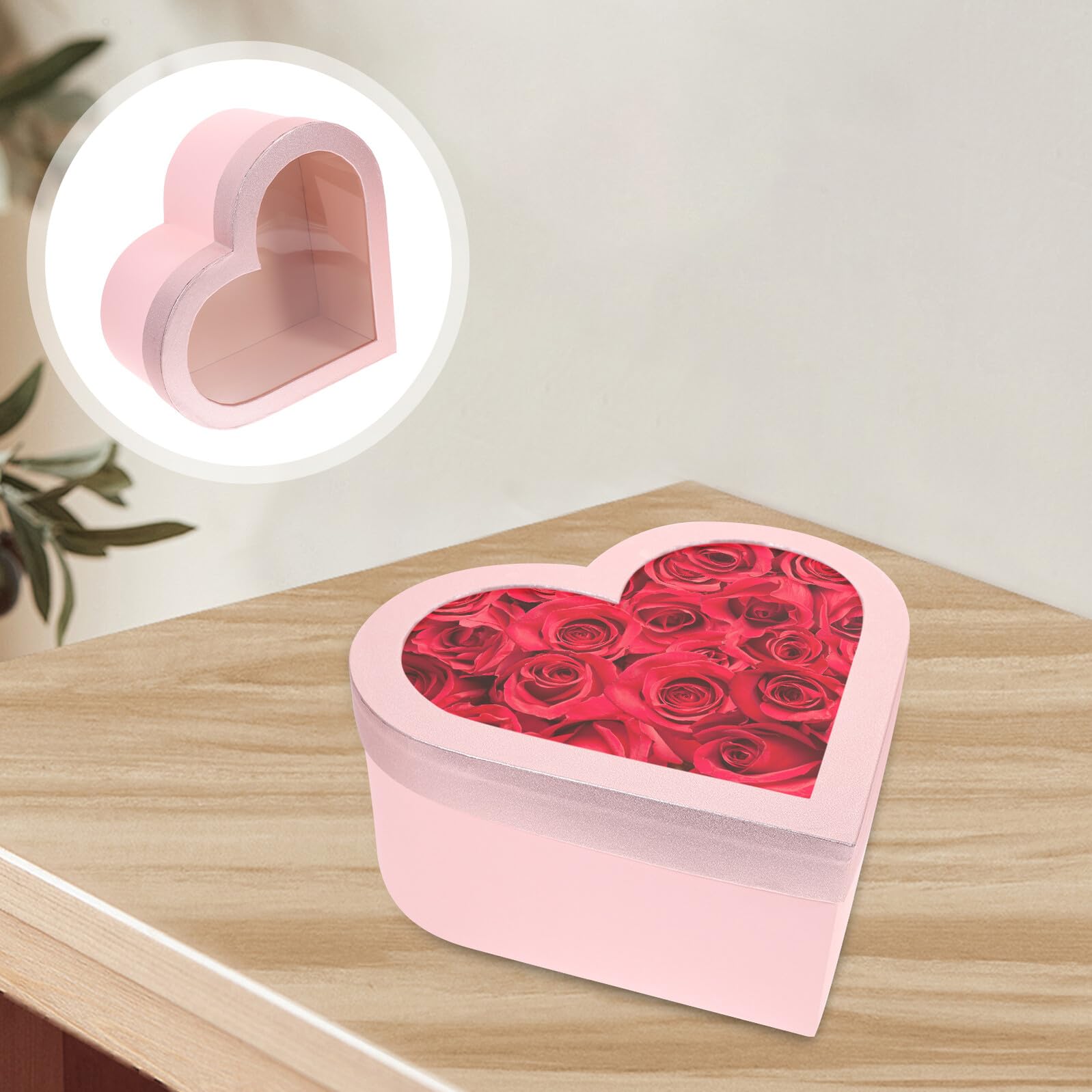 ibasenice Herzförmige Geschenkbox Blumenverpackung mit Transparentem Fenster 2 Stück Rosa Blumenschachtel für Valentinstag Muttertag Weihnachten