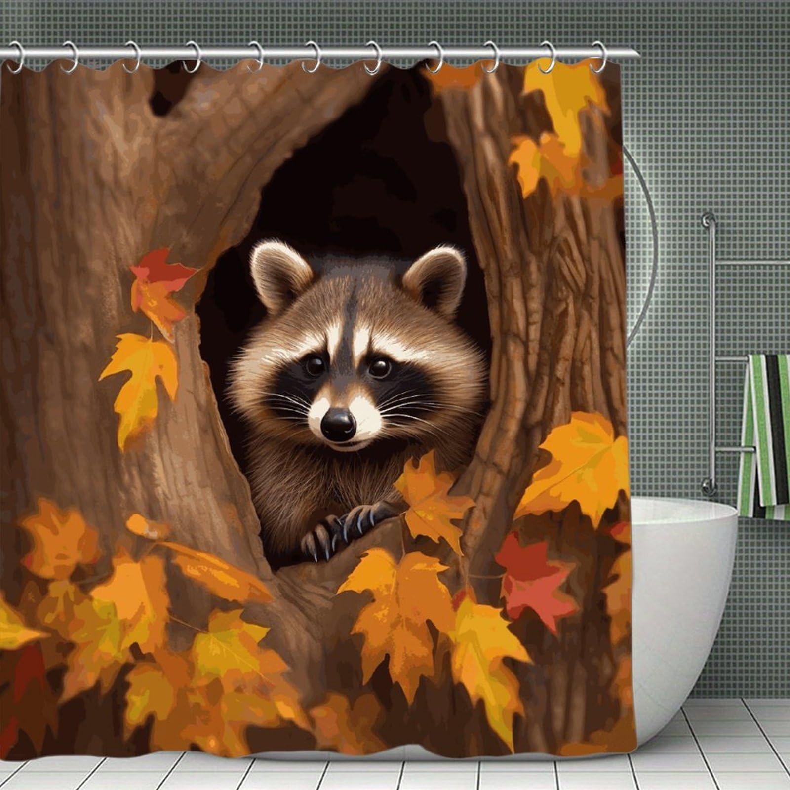 FekiLoot Raccoon in The Fall Tree Hole Shower Curtain Minimalist Thick Bathroom Curtain Washable Modern Bathroom Shower Curtain Heavy Duty Waterproof Cloth Bath Curtain with Hooks 70.8"x70.8"