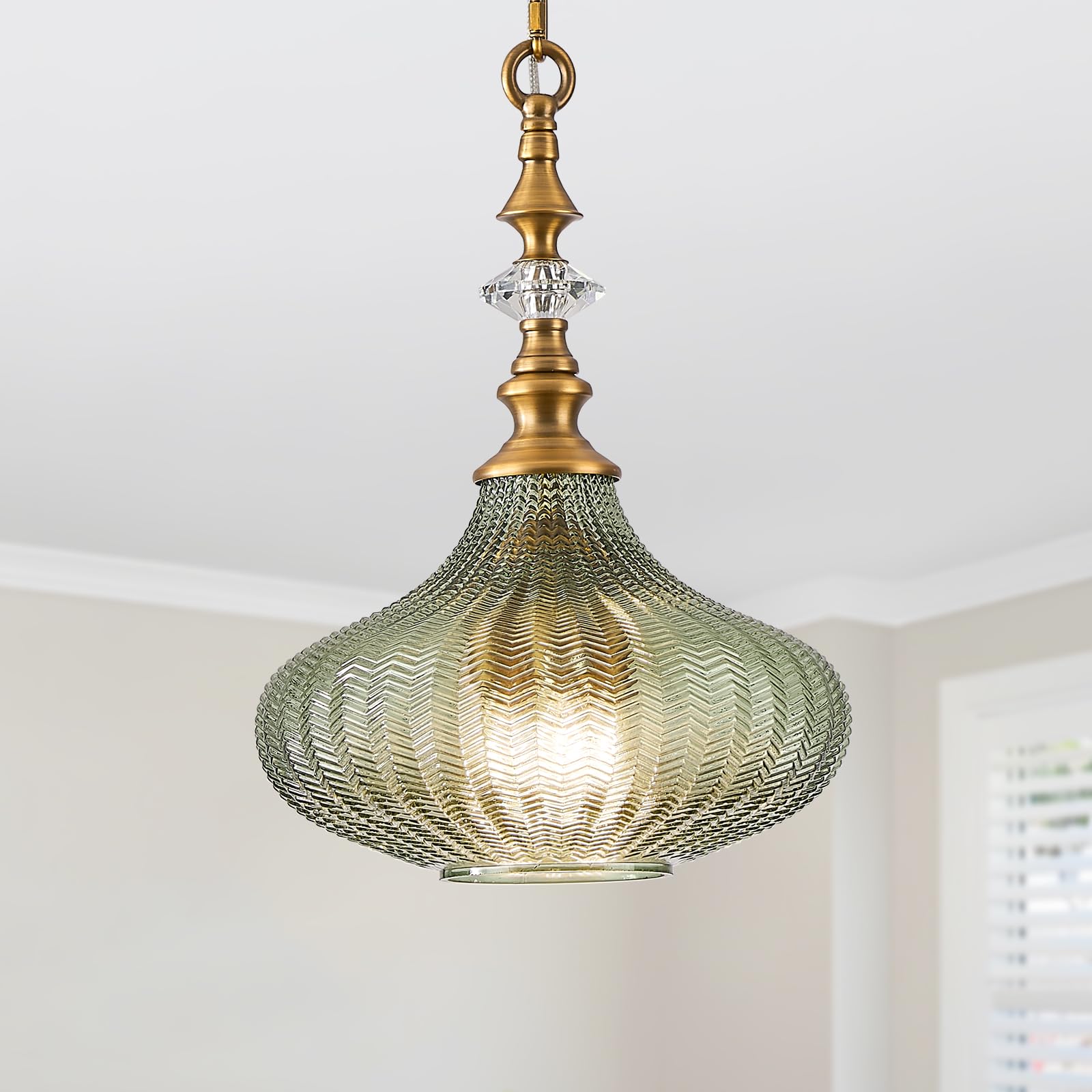 Photo 1 of rosysky Vintage Gold Pendant Lights 3-Light Green Glass Shade Adjustable