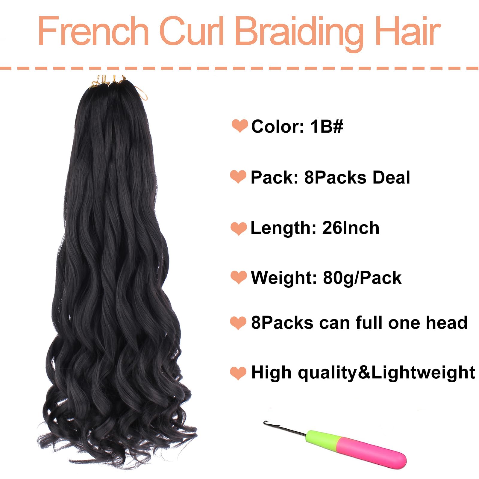 Mscat 26 Inch 8 Packs Pre Stretched French Curly Braiding Hair Loose Wave Bouncy Hair Extensions 1B#, 26 Inch (Pack of 8) - Image 2