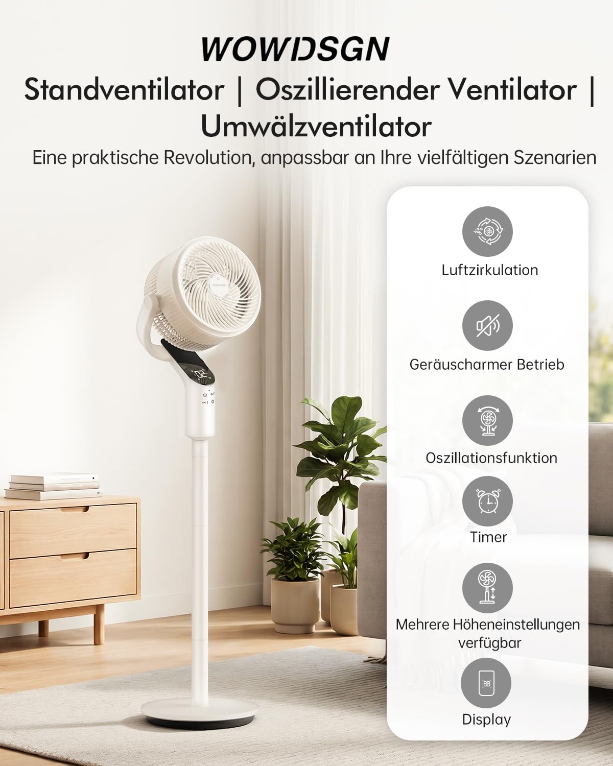 WOWDSGN Standventilator mit Fernbedienung, 22 dB leiser Ventilator für Schlafzimmer & Wohnzimmer, höhenverstellbarer Boden Ventilator mit 3D Oszillation, 8 Windgeschwindigkeiten & 15 St-Timer (Weiß)