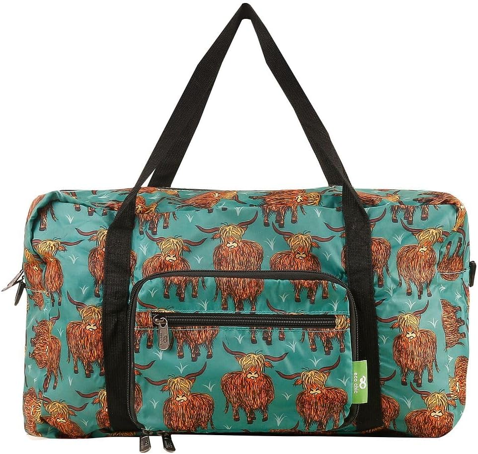 Eco Chic Recycled Cabin Holdall Bag, Lightweight Foldable Carry-On Luggage Water-Resistant Underseat Travel Duffle (Highland Cow Teal)