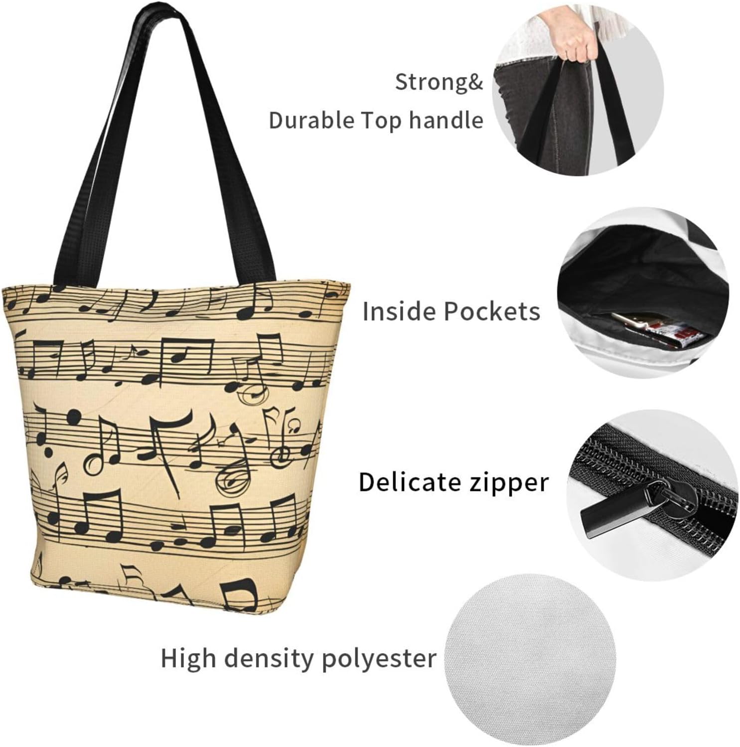 Musical Notes Print Comfortable Summer Shoulder Bag Canvas Tote Travel Beach Hiking Shopping Weekend