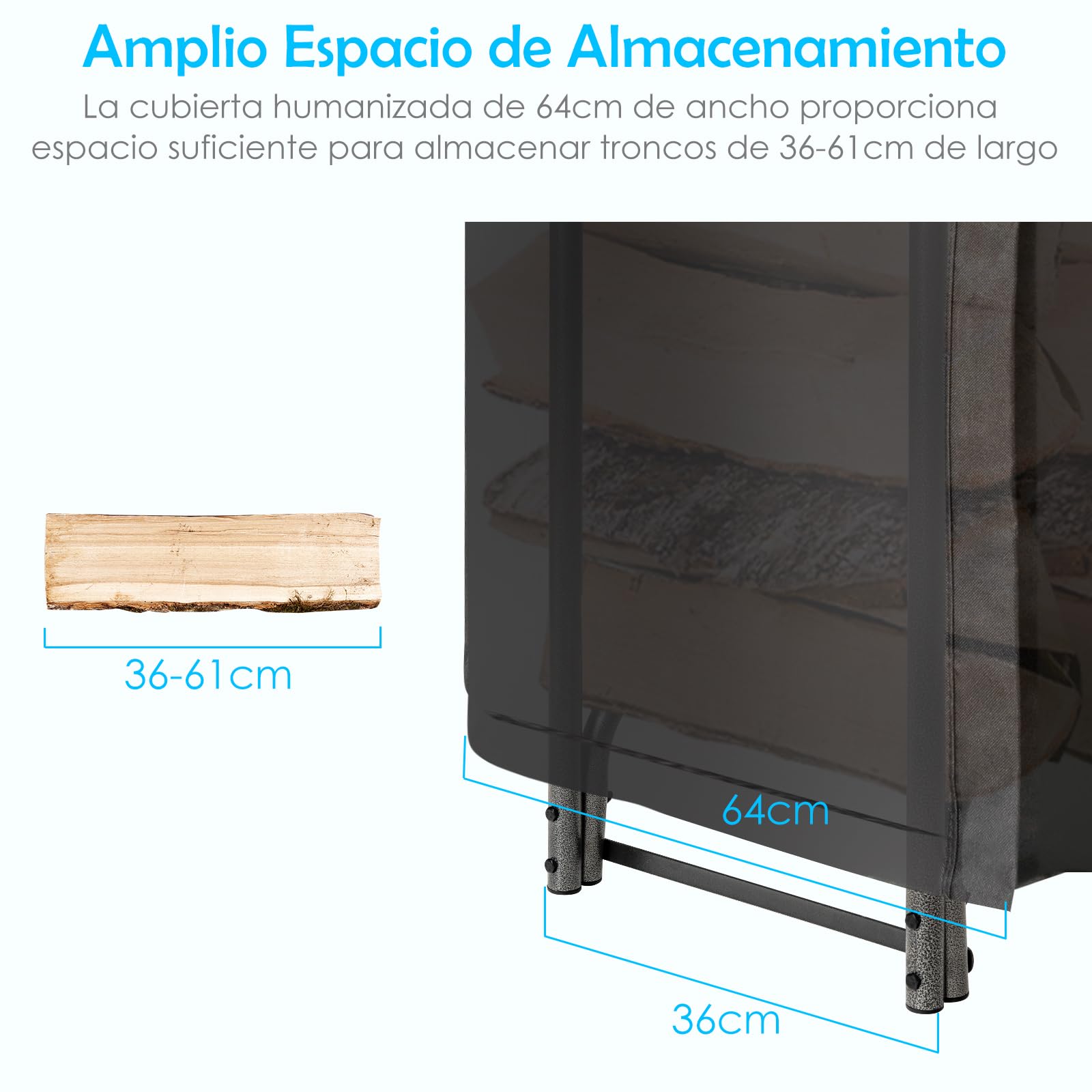 COSTWAY Leñero Exterior con Cubierta PVC 600D Impermeable, Estante leña de 122,5 CM/153 CM/184 CM/240 CM, Soporte para Leña Chimenea Interior Exterior Patio Negro (153 CM)