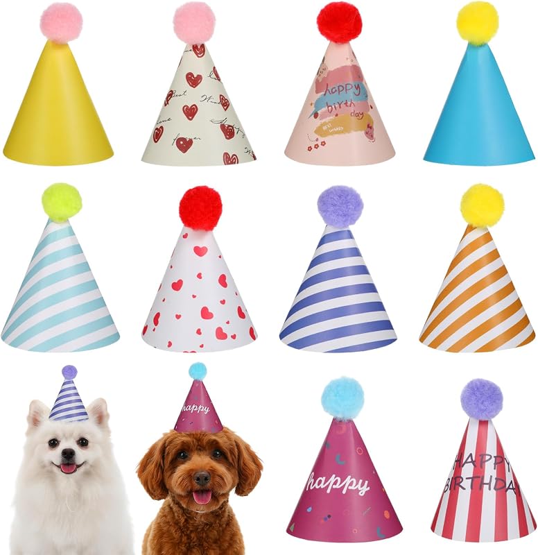 Chapéus de Festa Coloridos para Cães Pequenos e Gatos Tucnoeu, Papel com Pompons, Pacote com 10