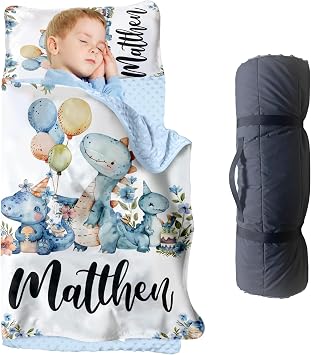 Personalized Toddler Nap Mat, Custom Name Kids Sleeping Bag for Daycare & Preschool, Roll Up Minky Nap Mat with Removable Pillow & Soft Blanket, Animal Theme Nap Mat for Boys and Girls