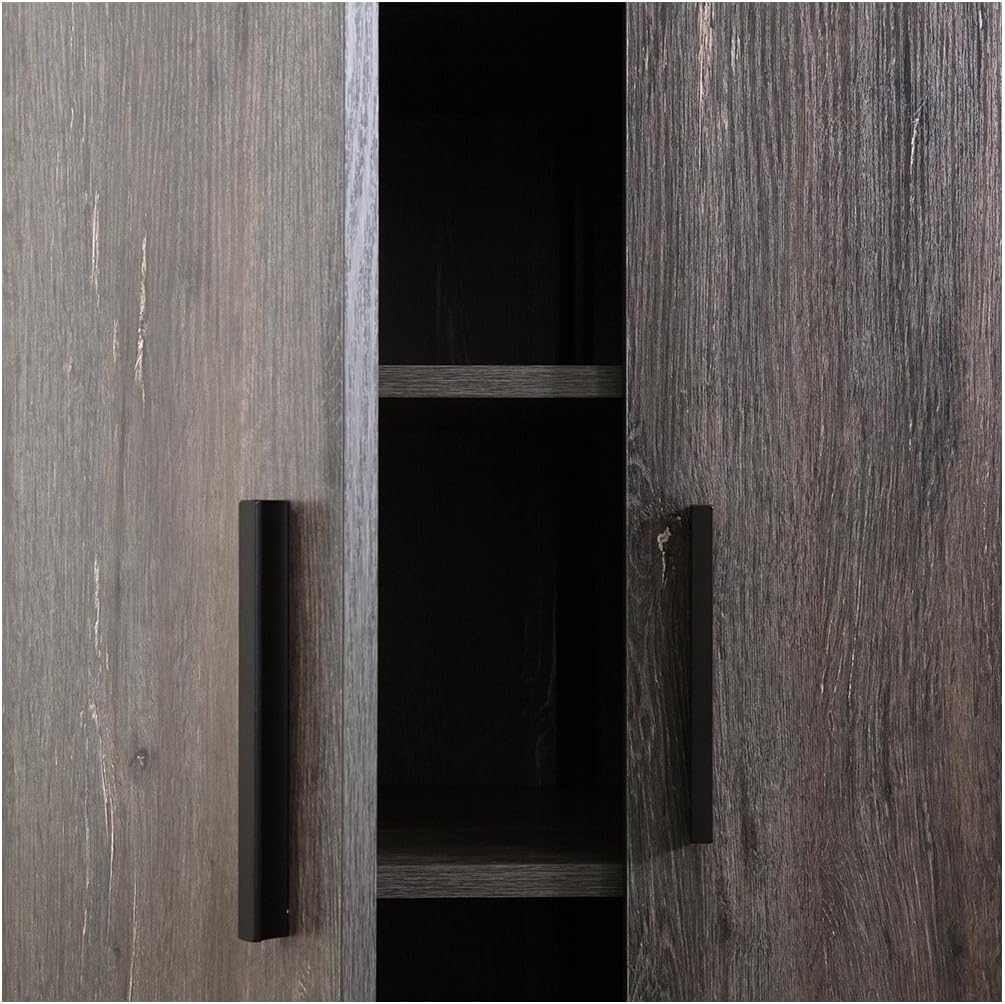 Close-up of the Klair Living Mia cabinet door with a black handle, showing the rustic gray wood grain.