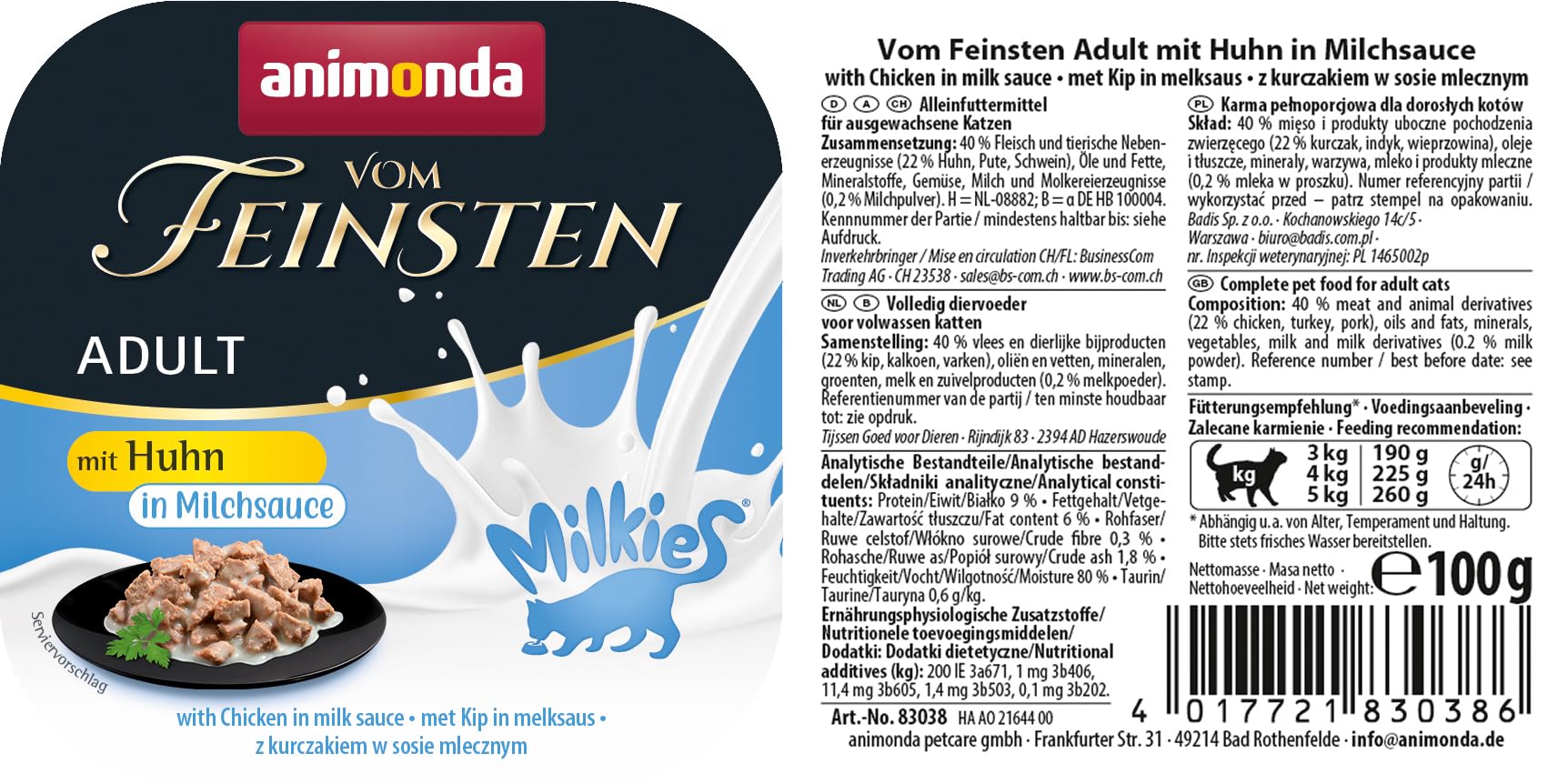 animonda Vom Feinsten Milkies Adult Comida húmeda para Gatos Adultos con Pollo en Salsa de Leche, 32 x 100 g