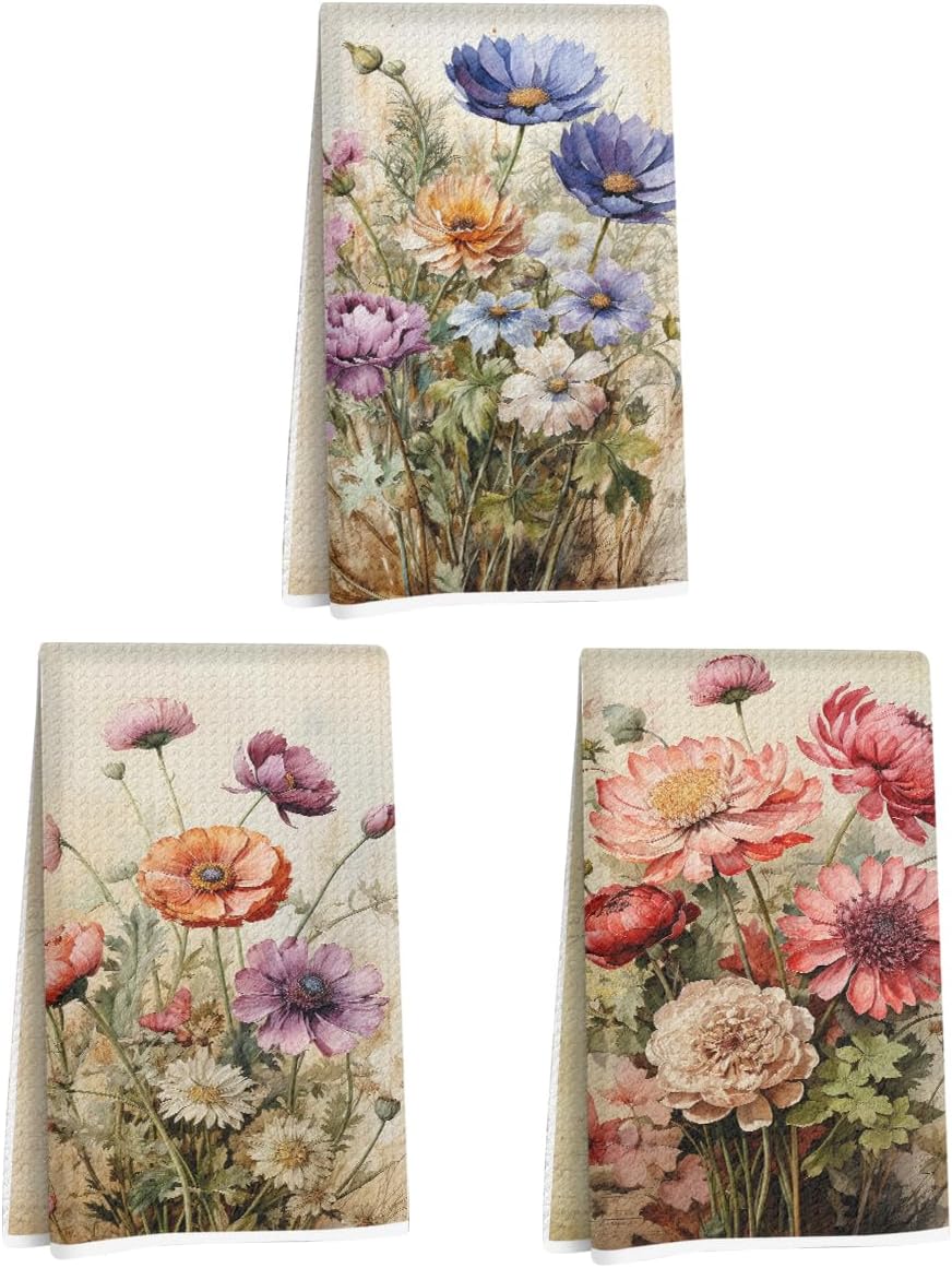 Jztco 3 Pcs Vintage Floral Kitchen Towels, Vibrant Decorative Absorbent Microfiber Dish Cloth Tea Towel, Durable Waffle Hand Towels for Farmhouse Home Bathroom, Housewarming Gifts for Women