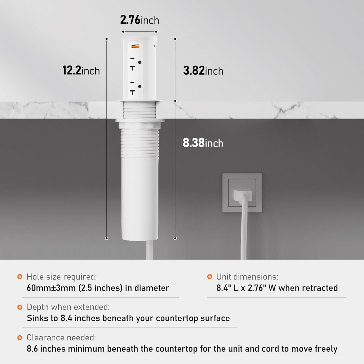 20A Pop Up Outlet for Countertop,Recessed Power Strip 2.5-Inch Hole,Tamper Resistant Receptacle,20W USB C,4 Outlets,Space Saver for Kitchen,Office Desk,12 AWG Extension Cord,ETL Listed (White)
