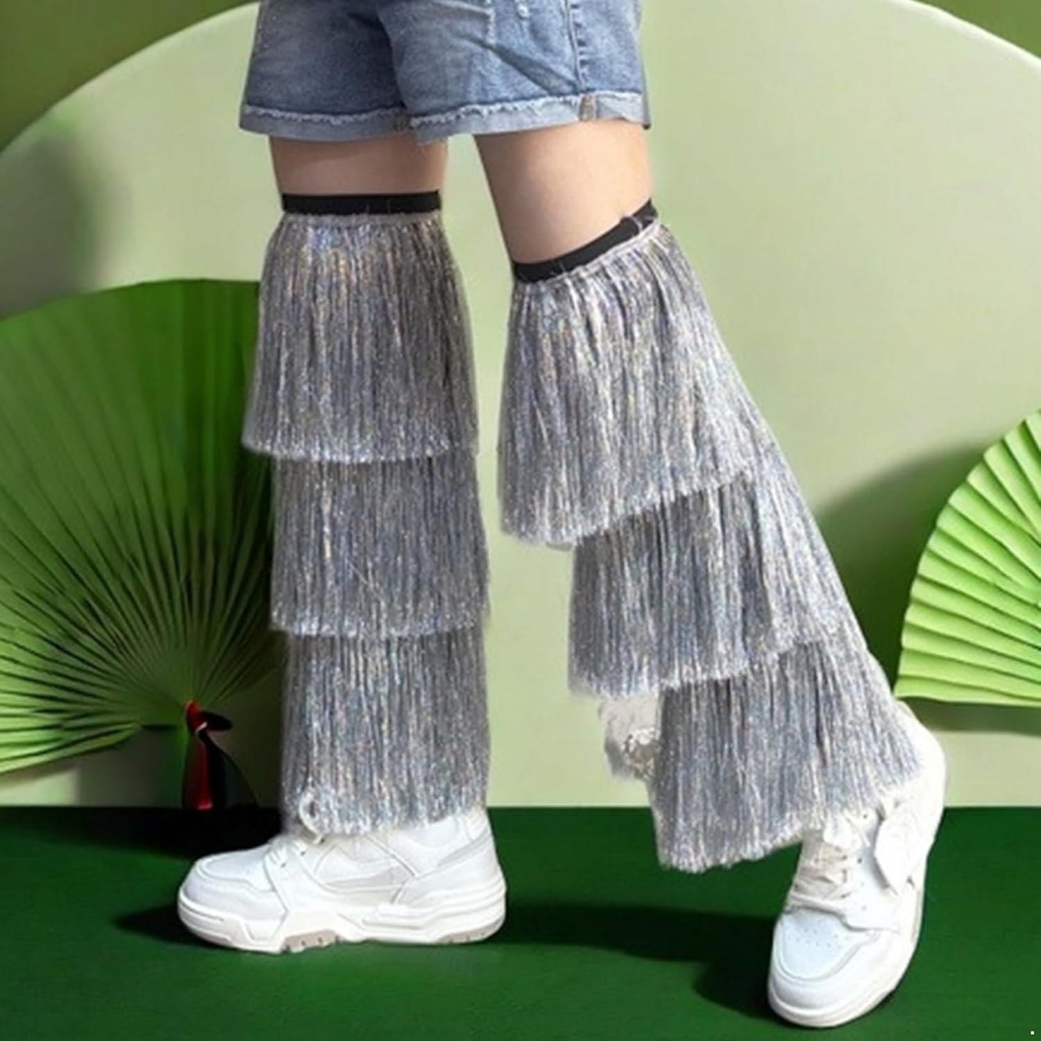 JEATHA Sparkly Tinsel Bling Boot Cover Y2k Leg Sleeves Covers for Festival Nightclub Dance Party
