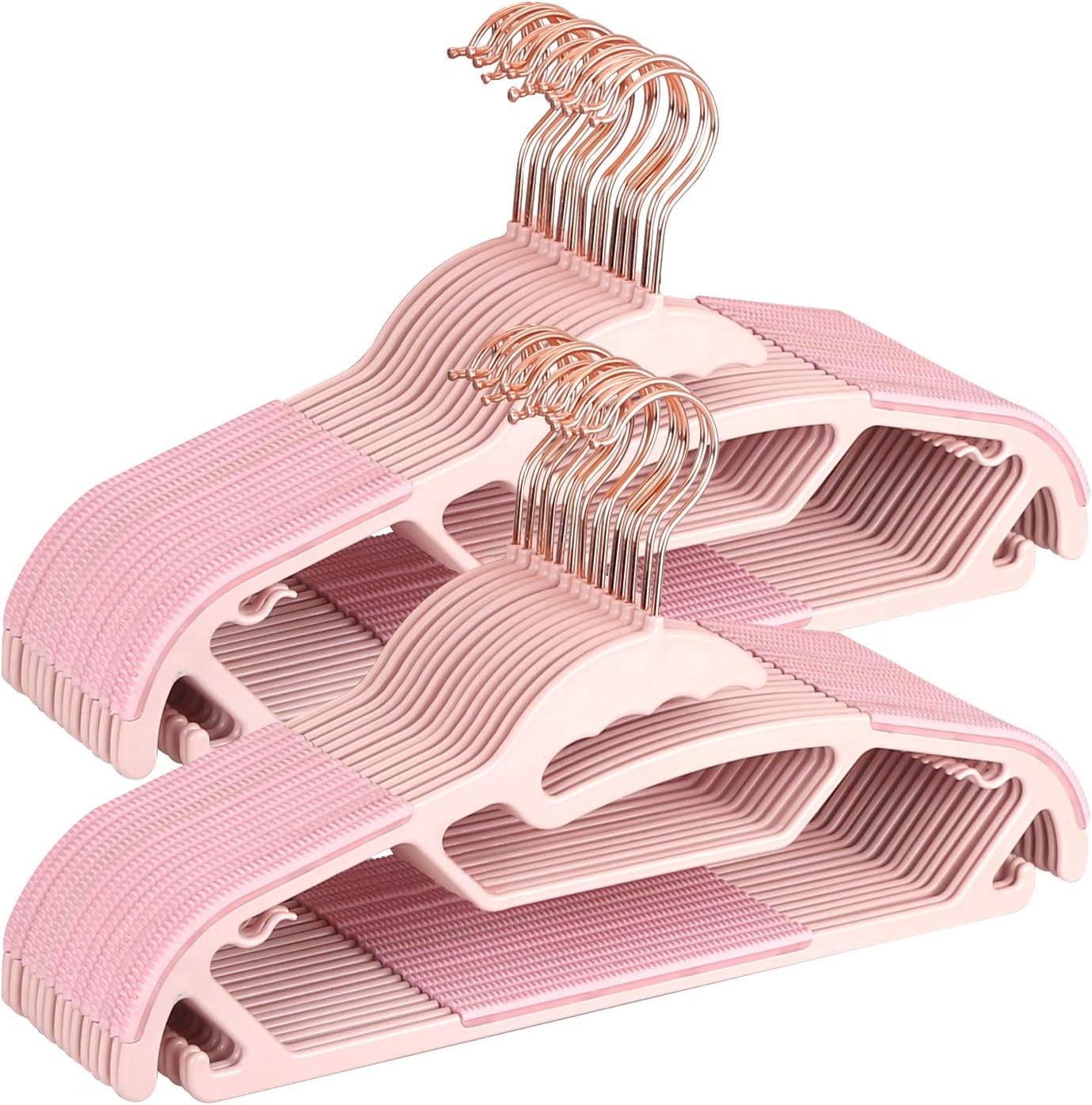 OIKA Plastic Hangers, Coat Hangers 50 Pack,Upgraded Rubber Stripe Non-Slip Hangers Space Saving Pants Hangers Heavy Duty Pink Hangers
