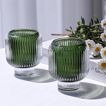 Woho Green Votive Candle Holders Set of 23.5" H x 3.1" W, Ribbed Tealight Candle Holder Vintage for Christmas Dinner Table, Reversible Tea Lights Candle Holder Glass for Living Room Home Decor