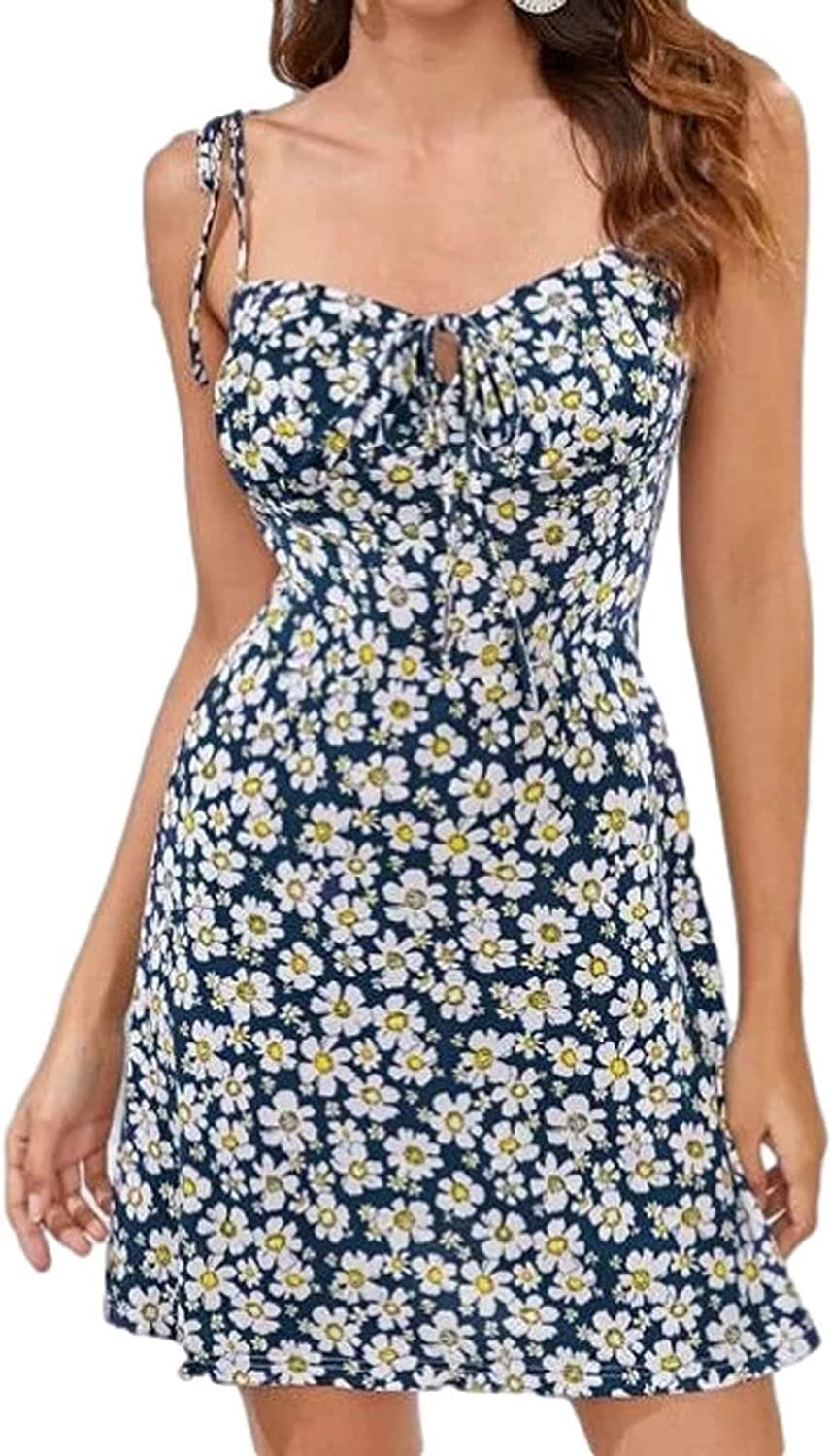 Verstellbarer Ersatz-Schultergurt, Handtaschenträger, Kleider, Sommerkleid for Damen, Blumen-Spaghettiträger, Krawattenknoten vorne, fließendes, plissiertes Mini-Swing-Kleid, Sommerkleider (Farbe: Sch