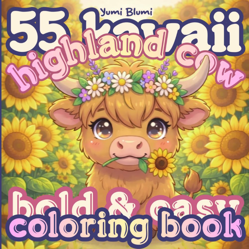 Kawaii Highland Cow Coloring Book: 55 Bold and Easy Scottish Cow Designs for Kids and Adults. Simple and Adorable Illustrations for Stress Relief and Relaxation. (Kawaii Coloring World)