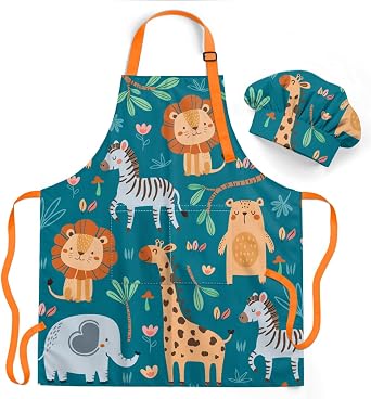 SANDJEST Kids Apron with Chefs Hat Set, Kitchen Apron Gifts