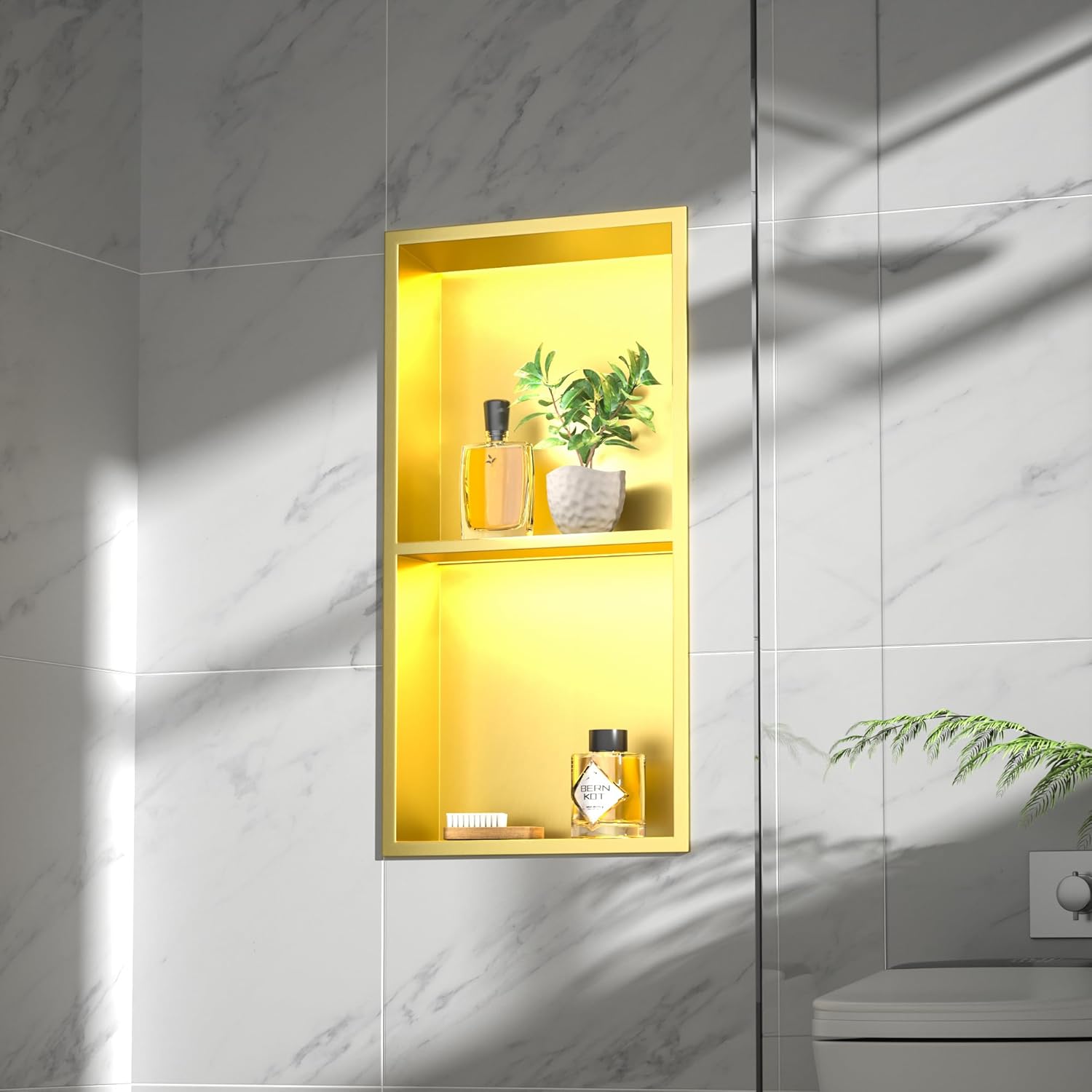 stainless steel led shower niche 24" x 12" gold with 2-tiers shelf no tile needed recessed niche shower for bathroom storage over-mounted installation