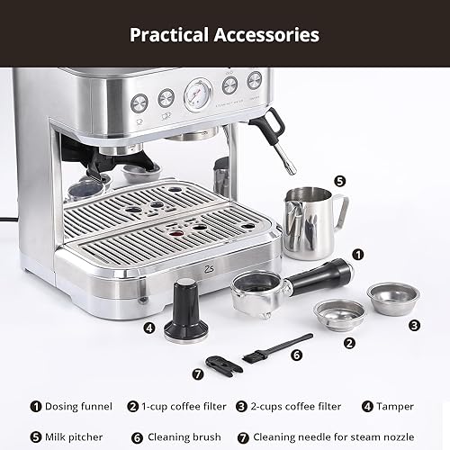Miniatura 7 de Máquina de café expreso profesional con molinillo integrado y espumador de leche, cafetera de capuchino y café con leche de 15 bares, regalo para