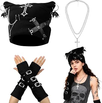 Goth Knitted Beanie Grunge Cat Ear Beanie Hat with Punk Necklace Grunge Arm Warmers for Women Y2K Streetwear Accessories Emo Crochet Hat