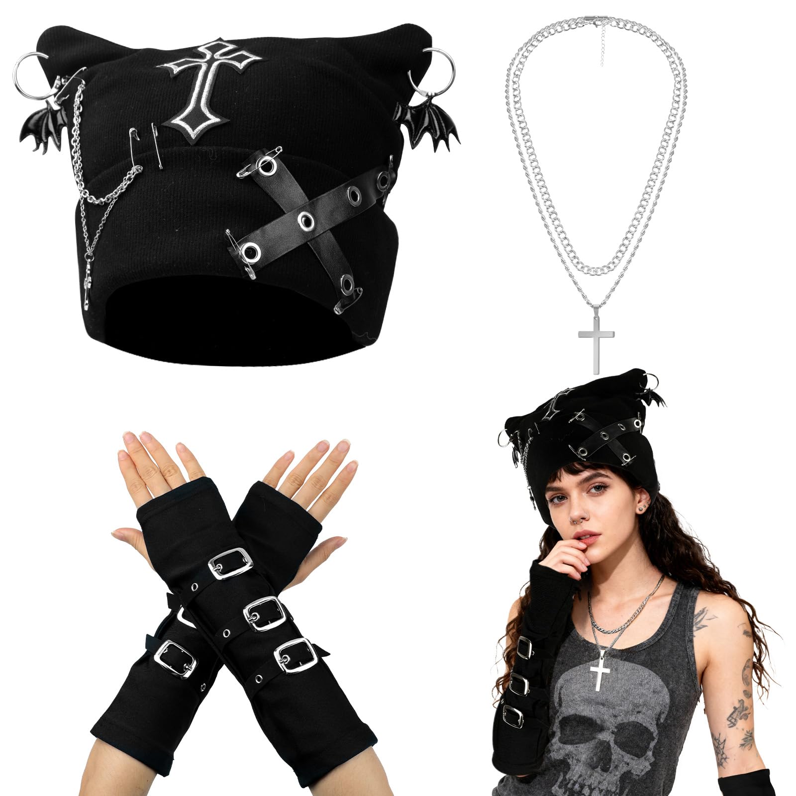 Berretto Con Orecchie Di Gatto E Catena Punk – Uncinetto Gotico, Caldo, Regolabile, Accessorio Streetwear Invernale Per Ragazze
