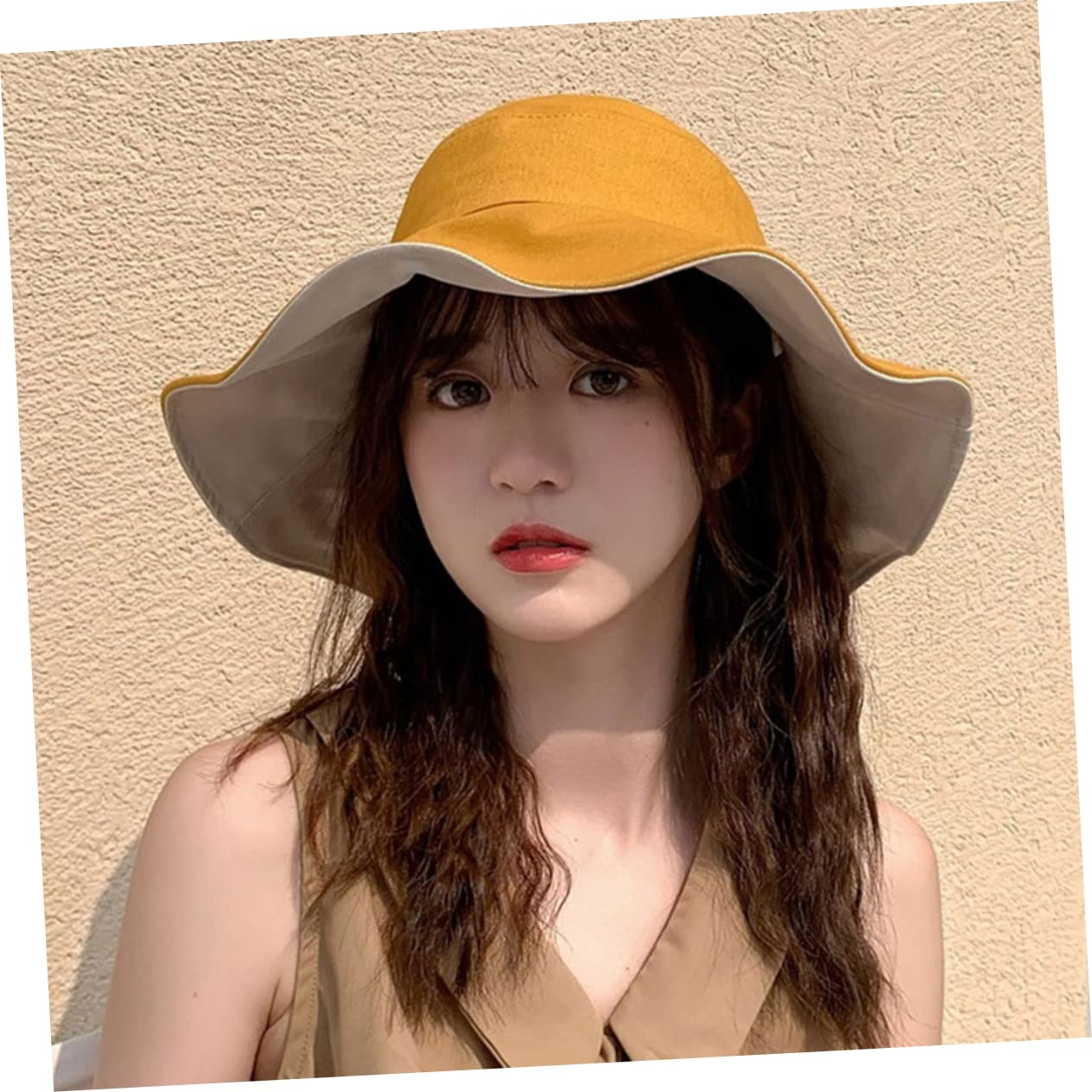 Ipetboom Uv Protection Bucket Hat Double-Sided Wearable Cotton Sun Hat Daisy Print for Beach and Camping Khaki