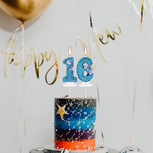 Miniatura 7 de Vela de número de cumpleaños de 3 pulgadas, velas de números de lentejuelas de concha azul con purpurina para decoración de pastel para cumpleaños,