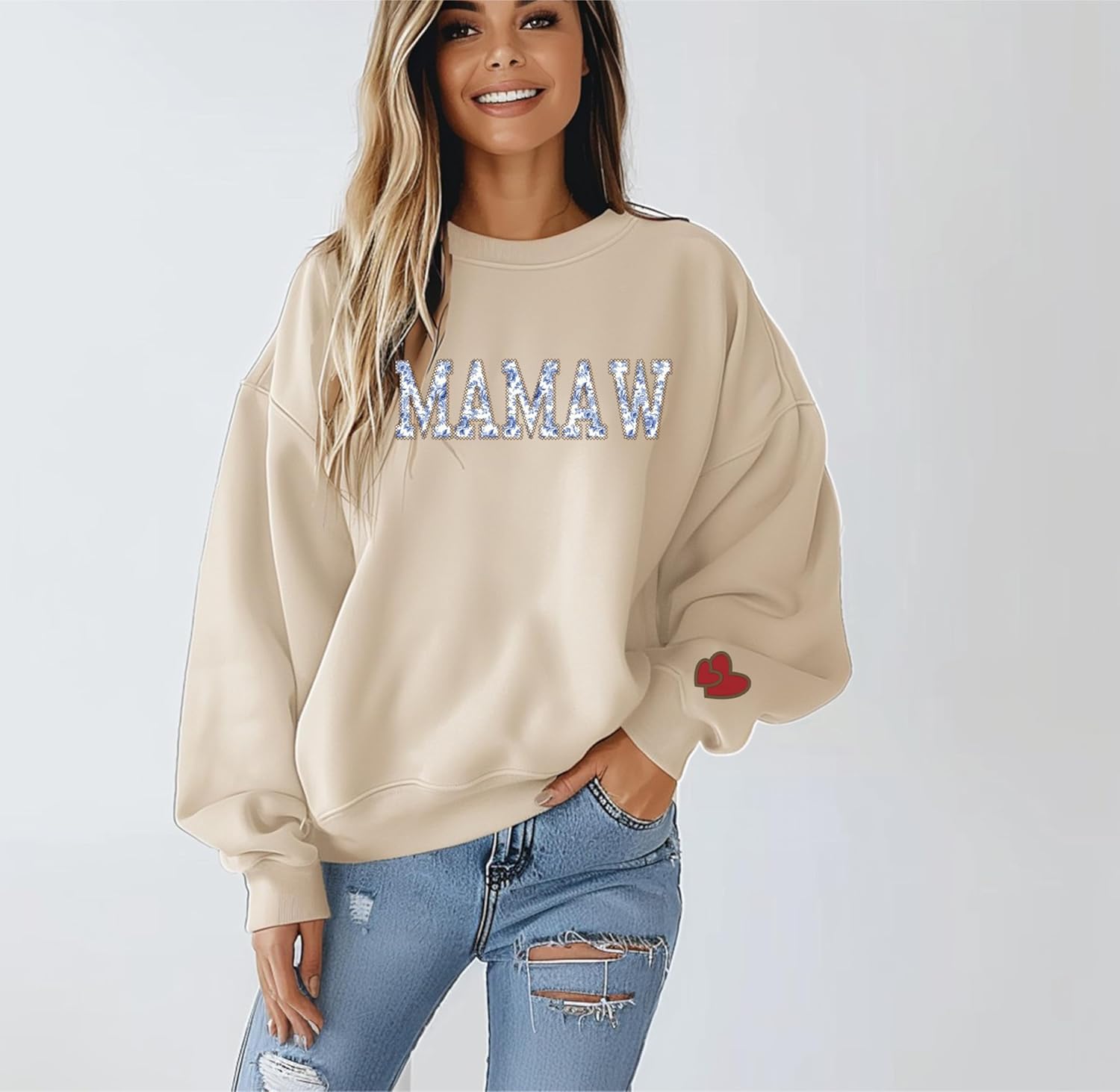 NAZENTI Mama Embroidered Crewneck Sweatshirt Mama with Heart on Long Sleeve Fashion Pullover Size S-4XL