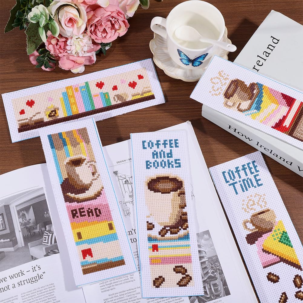 ORIGACH Kit di 6 segnalibri a punto croce per adulti principianti, caffè e libri, kit di segnalibri da ricamo con istruzioni per principianti, kit fai da te per amanti dei libri