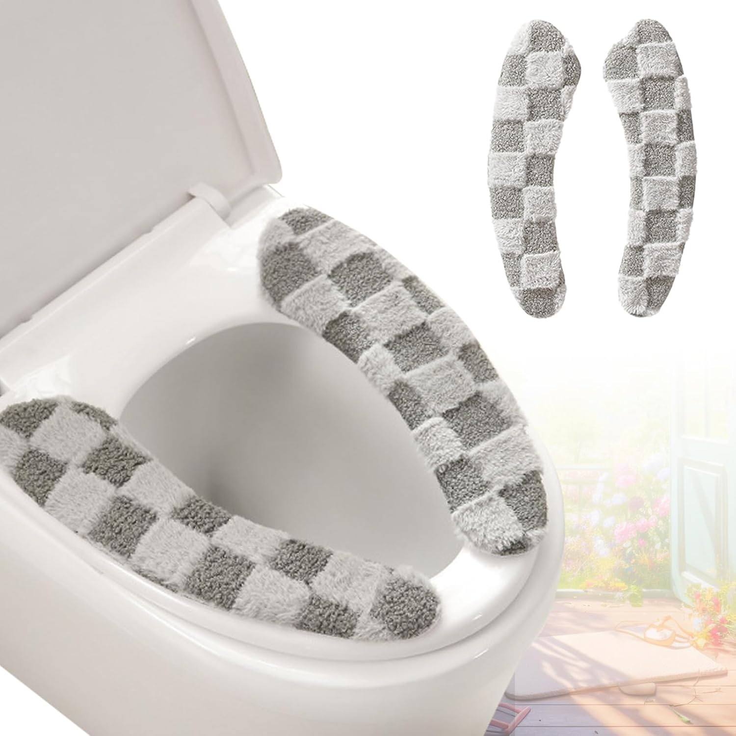 Thick and Warm Plush Toilet Seat Cover – Washable, Reusable Cushion with TPR Adhesive & Checkered Pattern for Comfort & Insulation (Grey)
