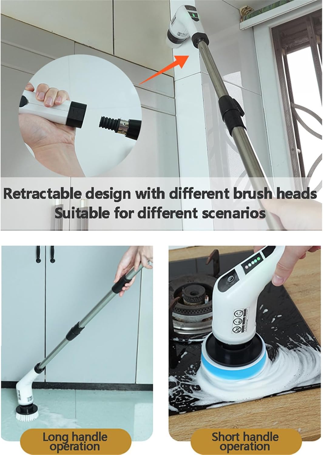 Electric Spin Scrubber,Portable Detachable Bathroom Cleaning Brush with Long Handle & 7 Replaceable Heads for Bathtub Tile Floor White