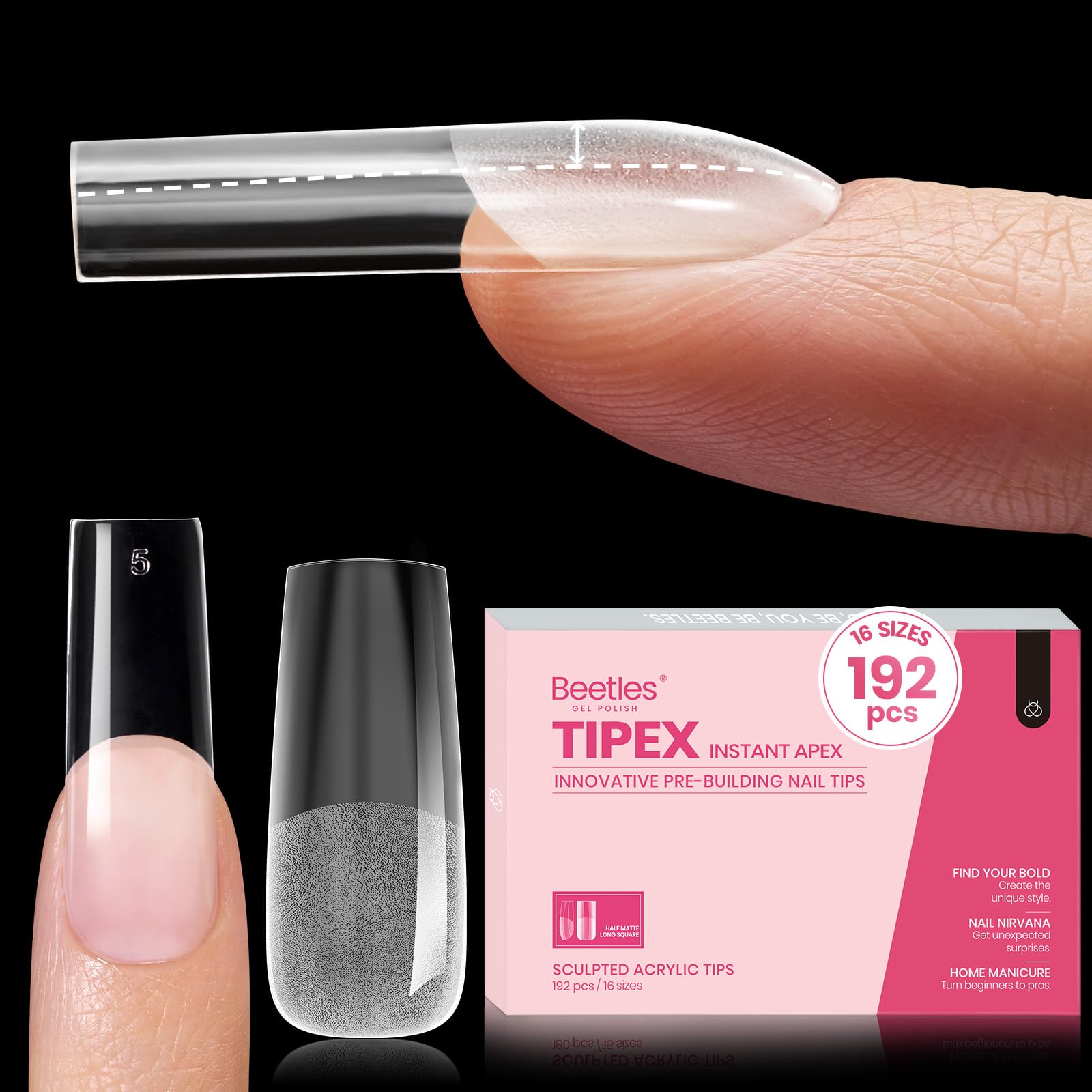 Beetles Tipex Instant Apex Nail Tips,192Pcs Pre-building & Pre-Etched Gel Tips Long Square Thicker Acrylic Strong Full Cover False Nail Extension Building Gel Press-on Nails for Flat Nails
