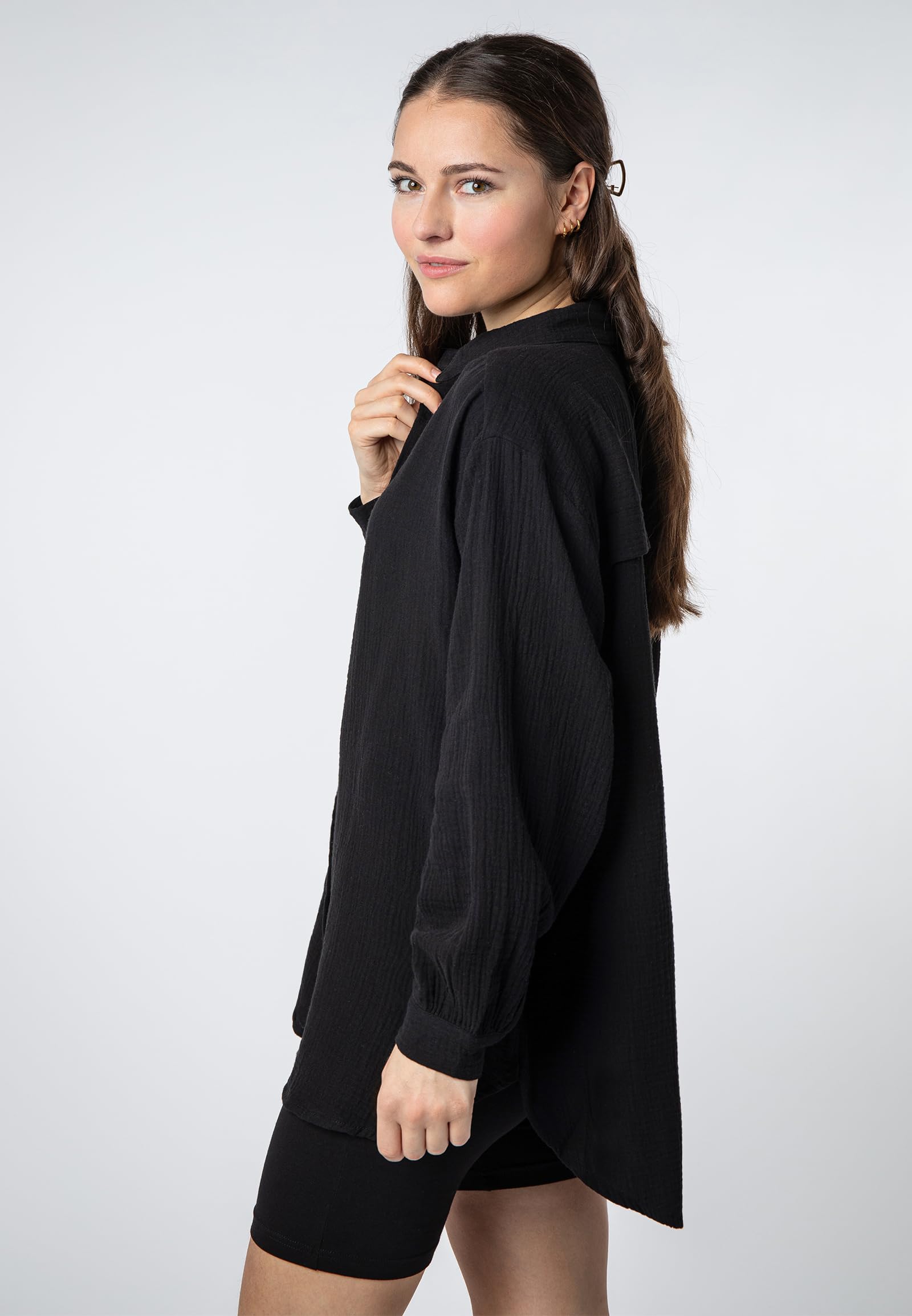 Sublevel Langarm Musselin Bluse mit Kentkragen - Damen Muselin Oversize Bluse, Baumwolle, Knopfleiste in verschienden Farben