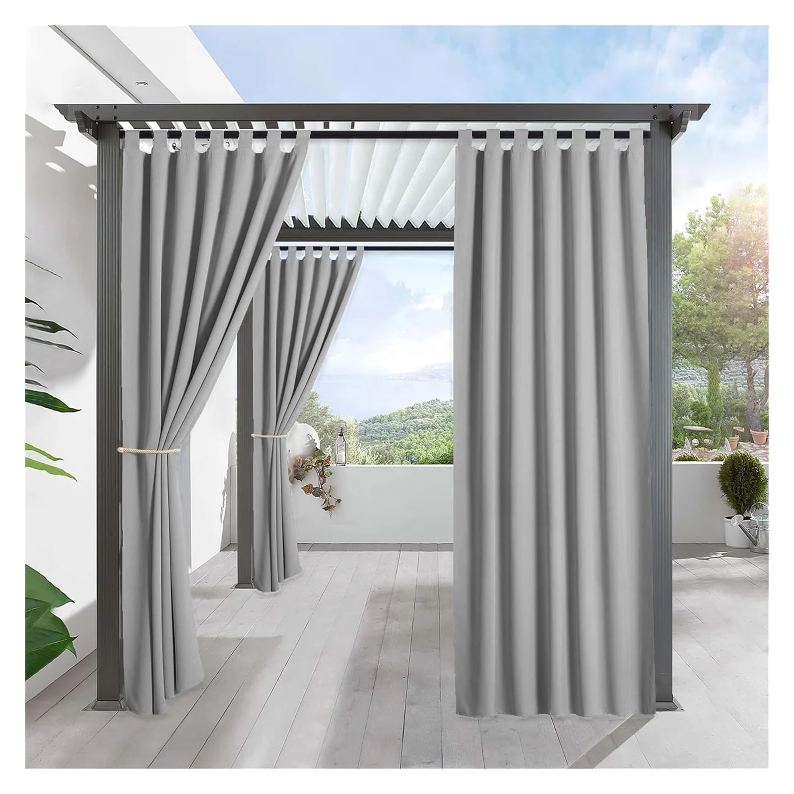 Cortinas pergolas exterior impermeables color gris plateado con trabillas 137x241 cm