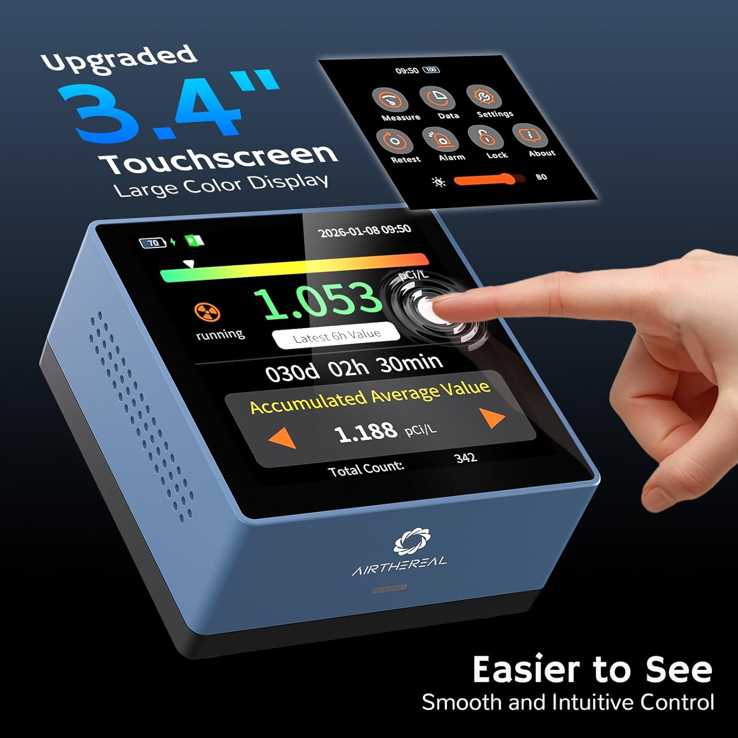 Airthereal Touchscreen Radon Detector for Home - Professional Grade Monitor with Real-Time Data, Color Display & PDF Reports | Rechargeable, EPA Compliant for Basement, Office, Real Estate