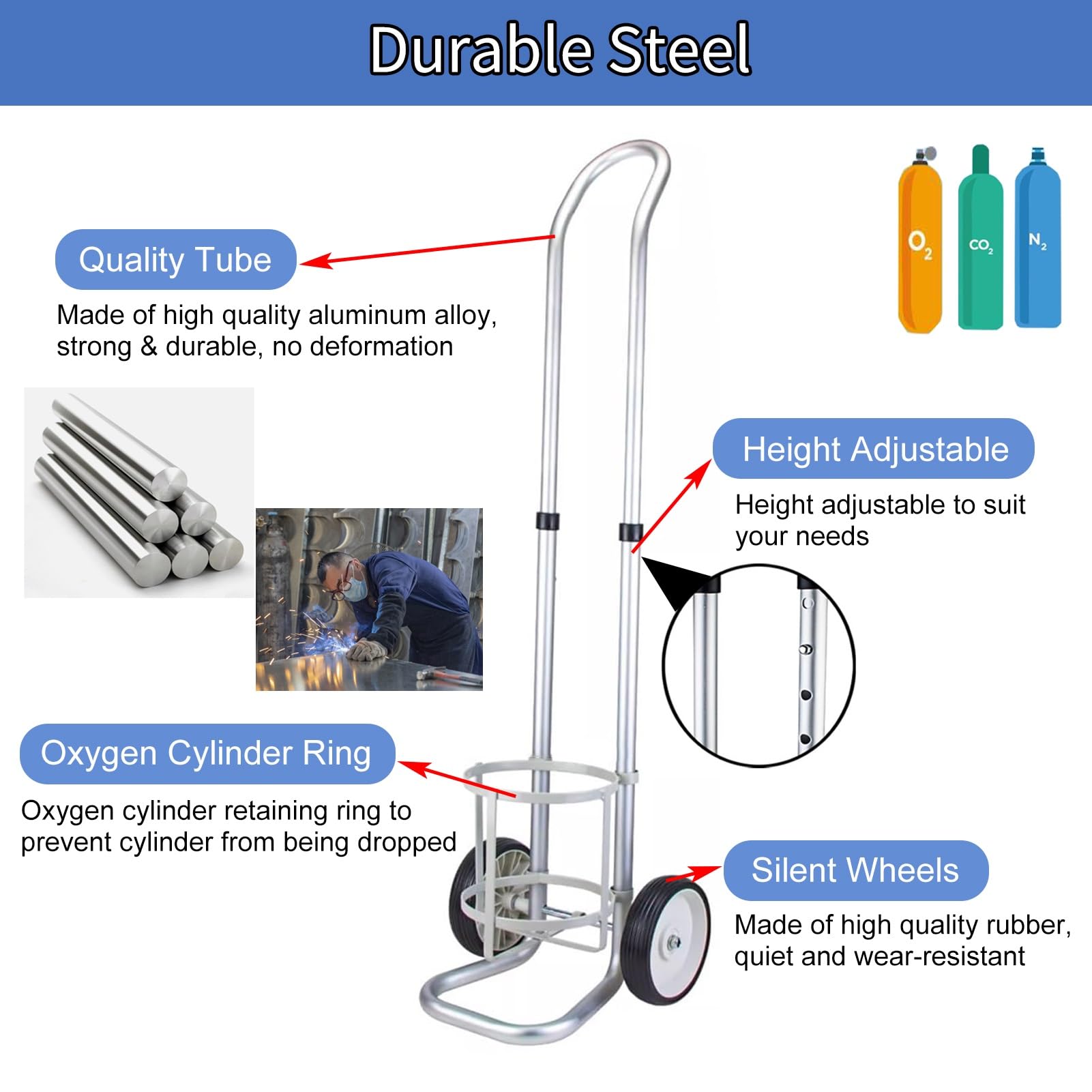 Soporte para tanque de oxígeno de aluminio móvil, carrito de tanque de oxígeno de altura ajustable para laboratorio de hospital, carrito de gas duradero (diámetro de 14,6 cm