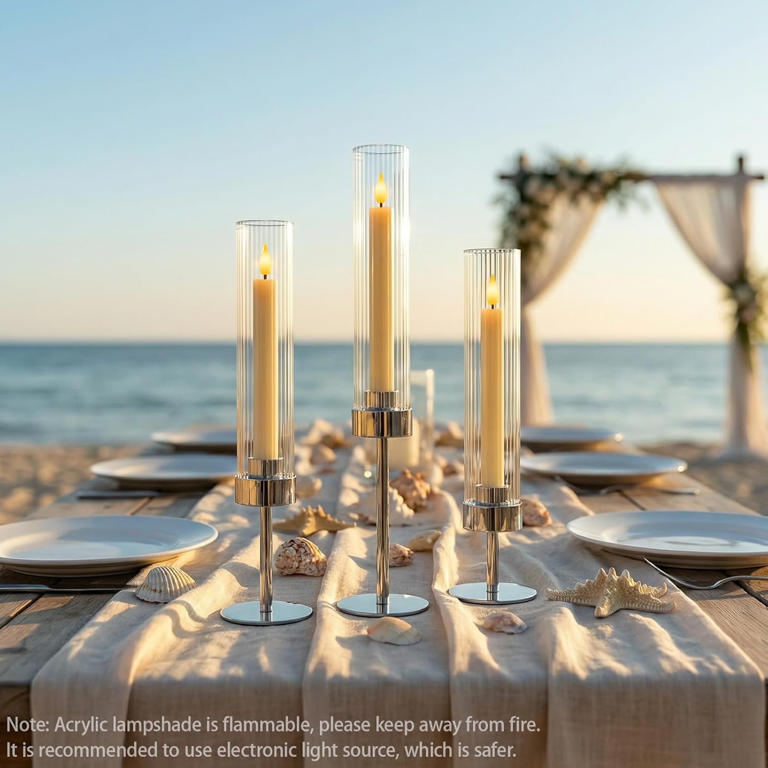 Metal & Acrylic Taper Candle Holders with Ribbed Design - Hurricane Clear Cylinder Candelabra for Wedding, Christmas, Party, Dining Table Centerpiece Decor (Silver, Set of 6)