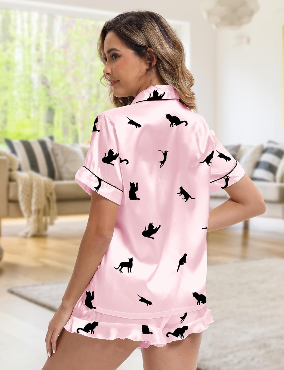 Silk Satin Pajama Set for Women 3-piece Short Sleeve Pajama with Pants Ruffle Shorts Cute Pj Set Button Down Sleepwear - Image 6