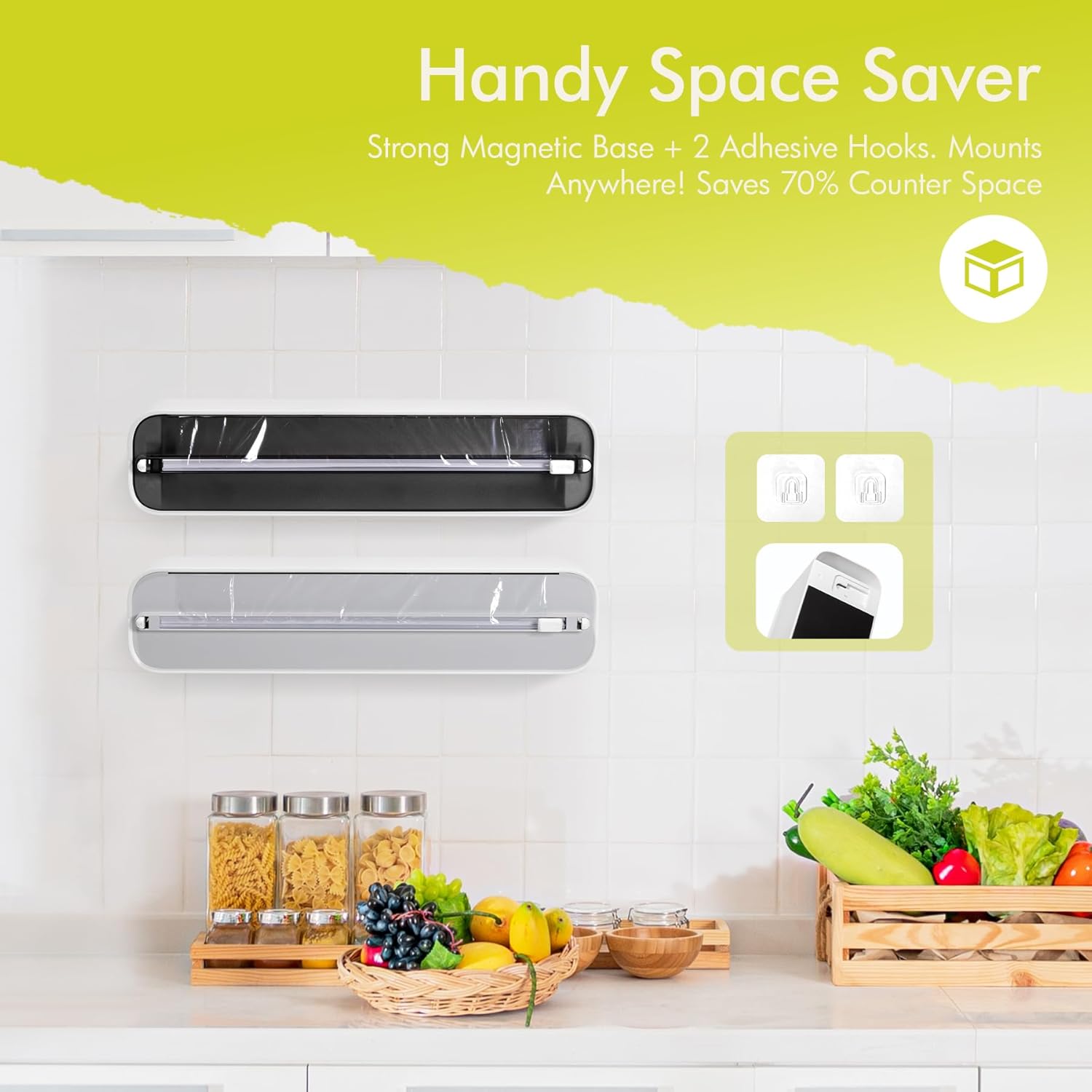 Aluminum Foil & Plastic Wrap Dispenser with Cutter - Magnetic & No-Drill Wall Mount, Cling Film Dispenser for Countertops & Cabinets, Space-Saving Kitchen Organizer - Fits 300 m Rolls, Black