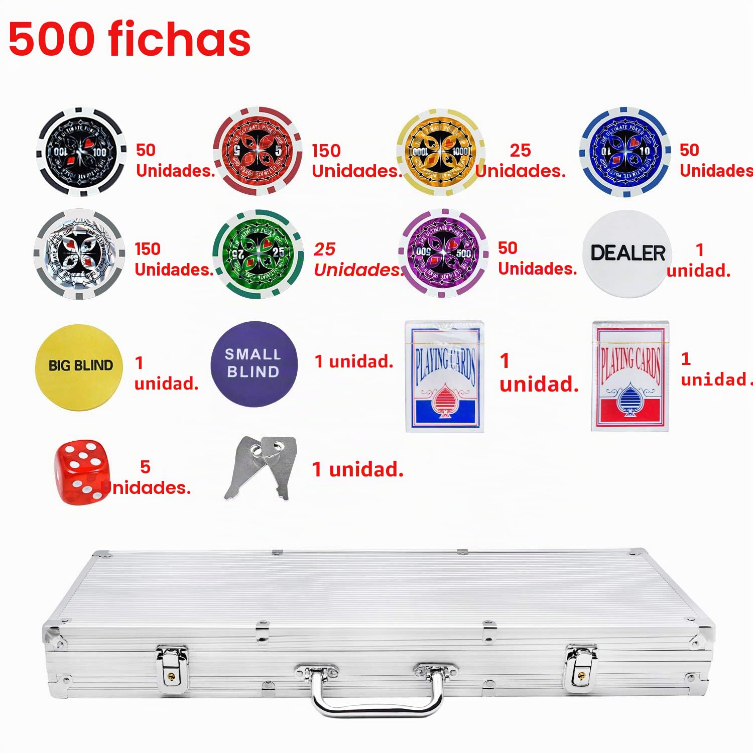 Juego de Poker 500 fichas Set de póquer fichas de póquer láser Incluye 2 Barajas de póquer, 3 Botones de crupier, 5 Dados, Estuche de Aluminio con 2 Llaves - Plata