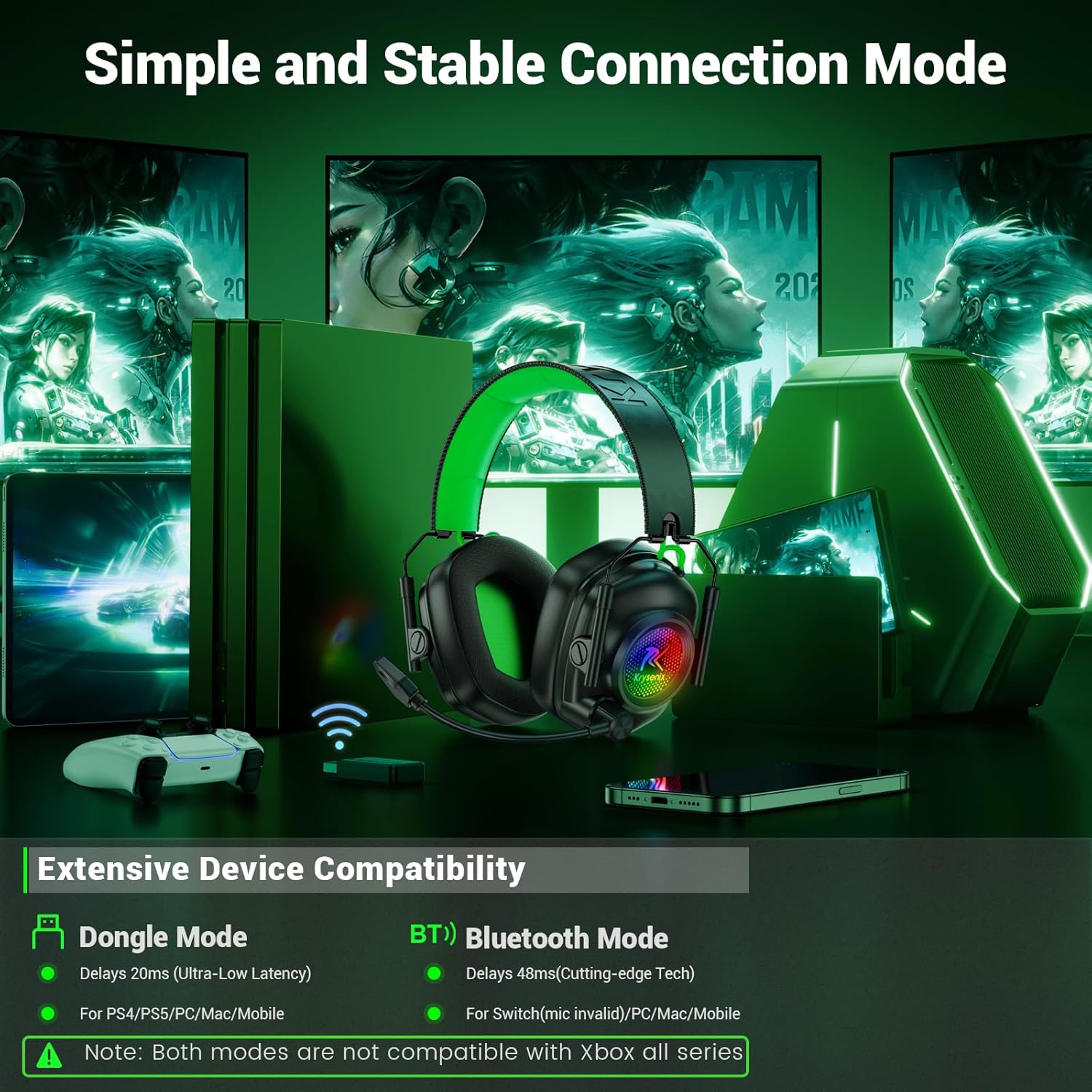 Wireless Gaming Headset with Noise Canceling Microphone for PC, PS5, PS4, Switch, Mac, 2.4 GHz Wireless & Bluetooth 5.4 Gaming Headphones, Cool RGB Lighting, 40Hr Battery, 50mm Drivers(Black Green)