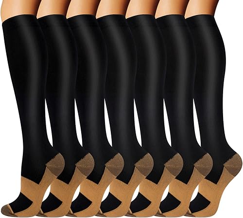 FuelMeFoot Calcetines de compresión para mujeres y hombres, calcetines altos de apoyo graduado para enfermeras, viajes, atléticos