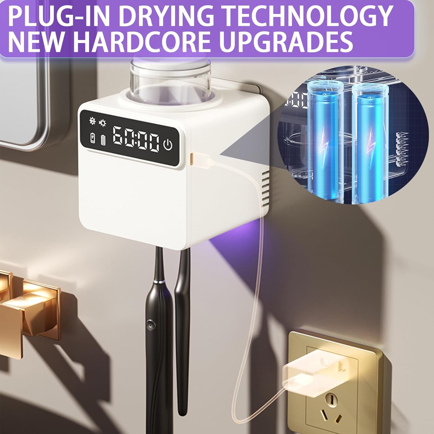 Smart Electric Toothbrush Holder with Cleaning and Hot Air Drying,LED Screen,Toothbrush Holders for Bathrooms,Wall Mounted Toothbrush Holder with 2 Toothbrush Slots for Home, Travel (White)