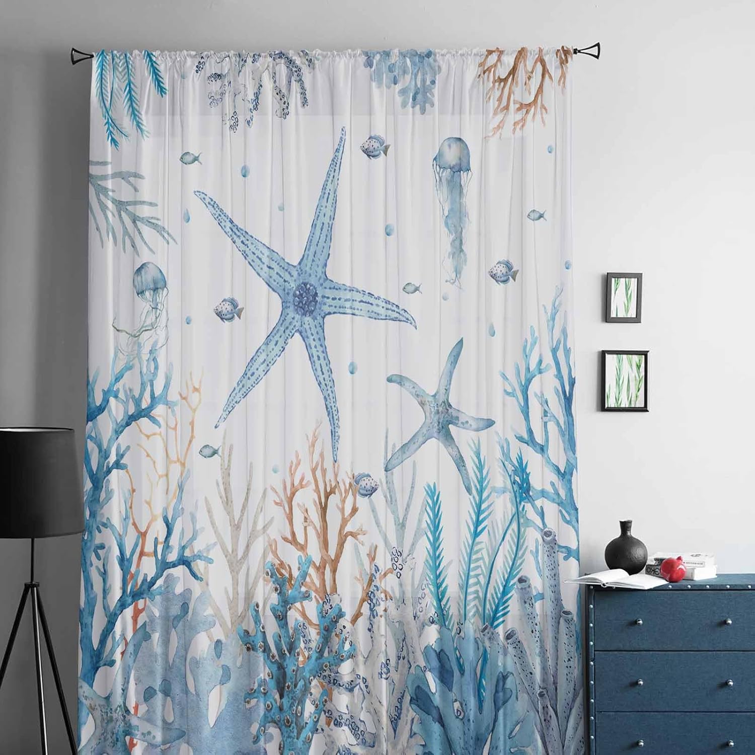 Blue Starfish Window Curtains 72 Inches Long,Semi Sheer Rod Pocket Chiffon Curtains & Drapes Drapery Voile Draperies Treatment for Living Room/Bedroom/Kitchen,Ocean Coral Sea Fish Jellyfish Watercolor