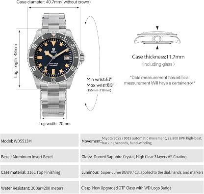 watchdives WD5513M Vintage Sub Dive Men Watch, 9015 90S5 Automatic Mechanical Luxury Diving Watches, 40.7 mm Domed Sapphire Crystal Wrist Watch, 20 Bar Waterproof Diver Watch