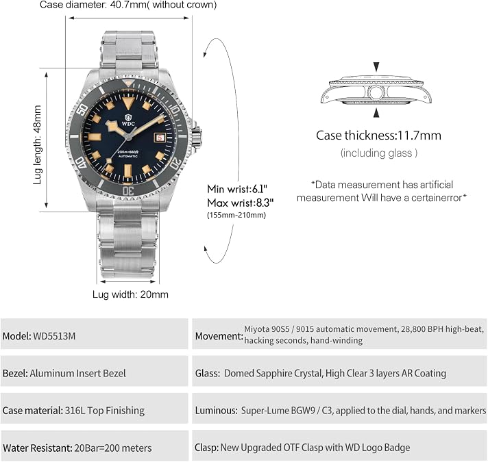 watchdives WD5513M Vintage Sub Dive Men Watch, 9015 90S5 Automatic Mechanical Luxury Diving Watches, 40.7 mm Domed Sapphire Crystal Wrist Watch, 20 Bar Waterproof Diver Watch
